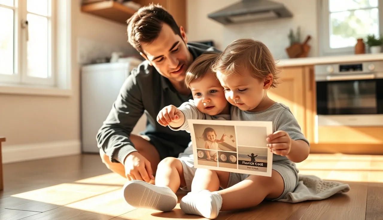 Toddler pointing at a core vocabulary picture card held by parent on kitchen floor