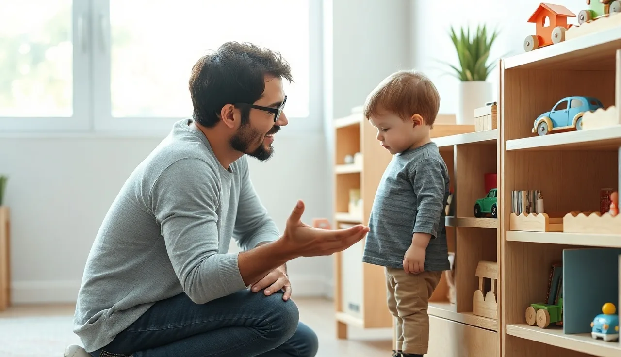 Parent pausing expectantly beside a toddler during a play-based communication moment at home