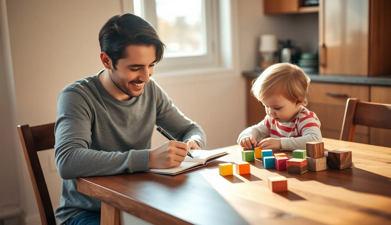 Parent writing in a communication log notebook while child plays at kitchen table