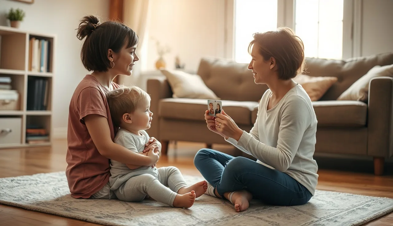 Young child and speech therapist practicing speech sounds with picture cards