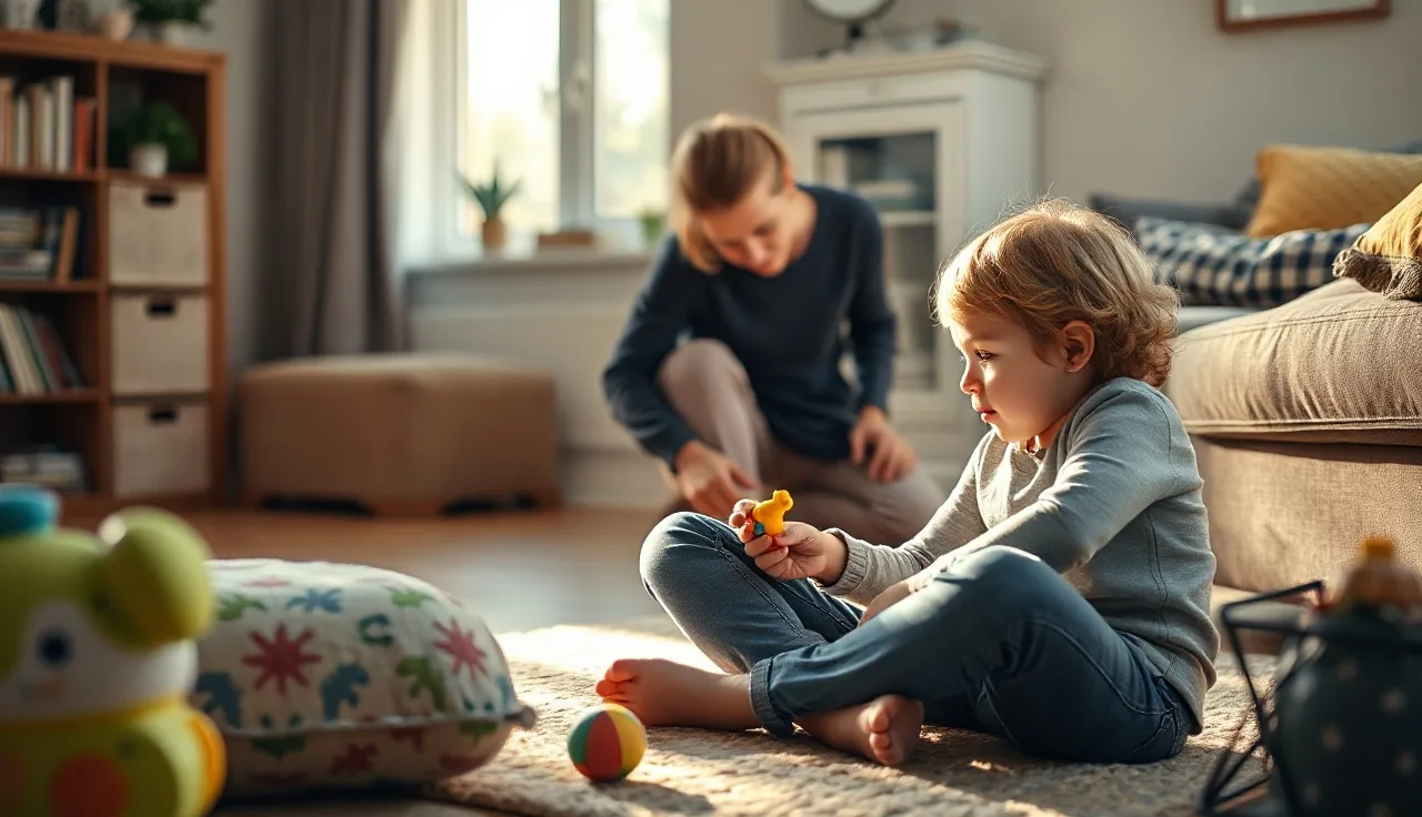 Speech therapist and toddler playing together on a home living room floor during early intervention session