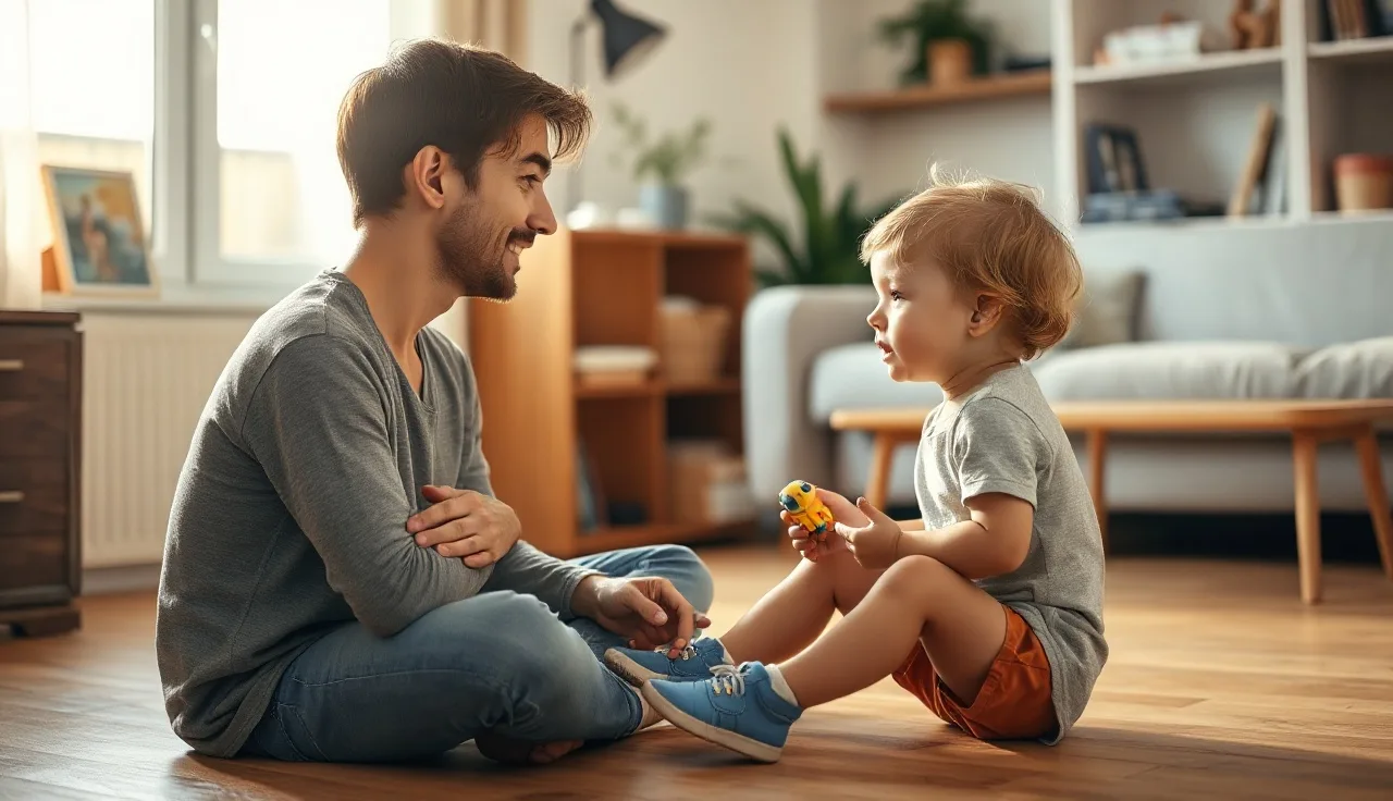 Young child speaking to a parent during play on a home living room floor