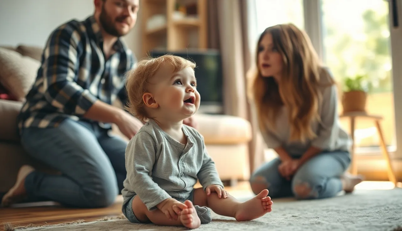 Young child speaking to a parent on a sunlit living room floor, showing early communication