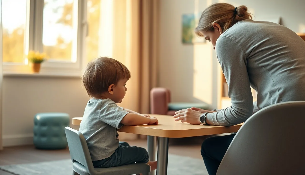 Young child and speech therapist sitting face to face during an apraxia therapy session