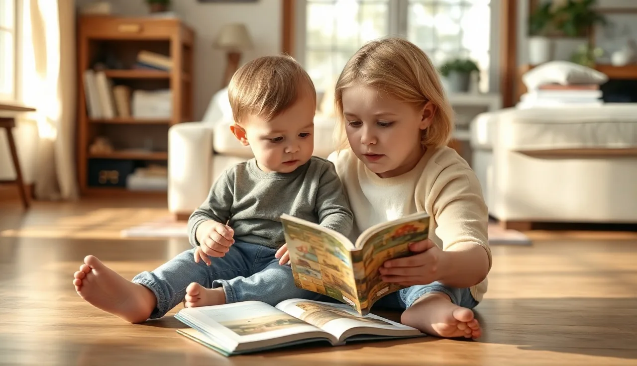 Toddler and caregiver sharing a picture book on a sunlit living room floor