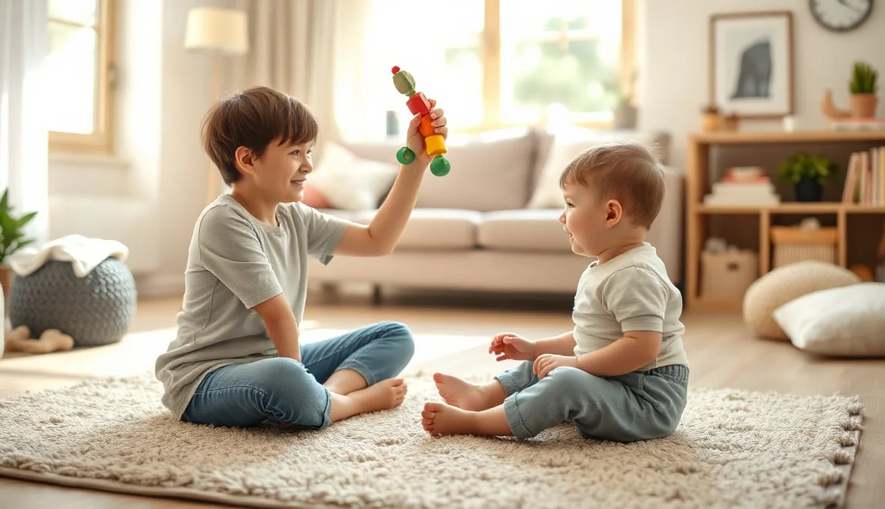 Toddler and parent playing together on a rug during speech practice at home