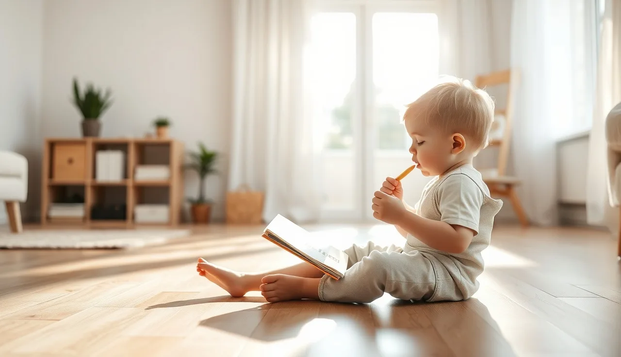 Young child sitting on floor quietly mouthing words while holding a picture book