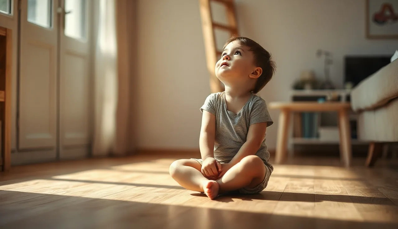 Young child speaking alone on a wooden floor in warm afternoon light