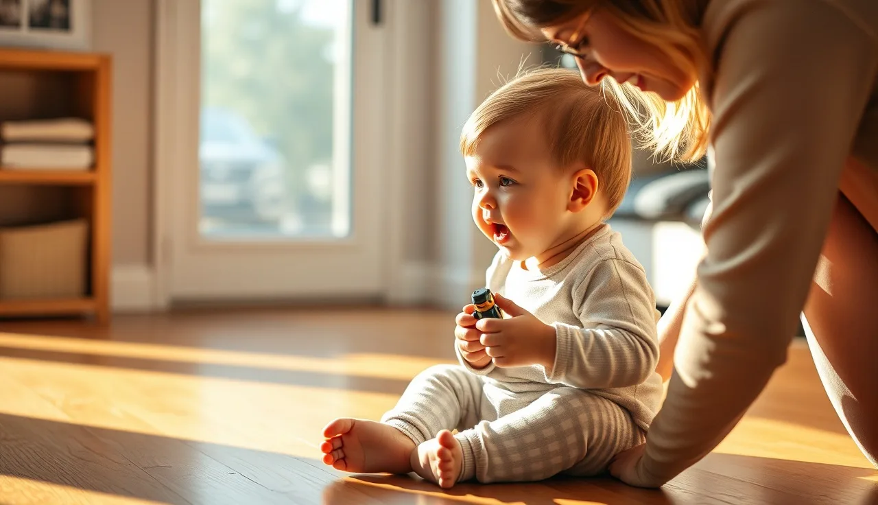 Young child speaking expressively to an attentive parent on a home floor
