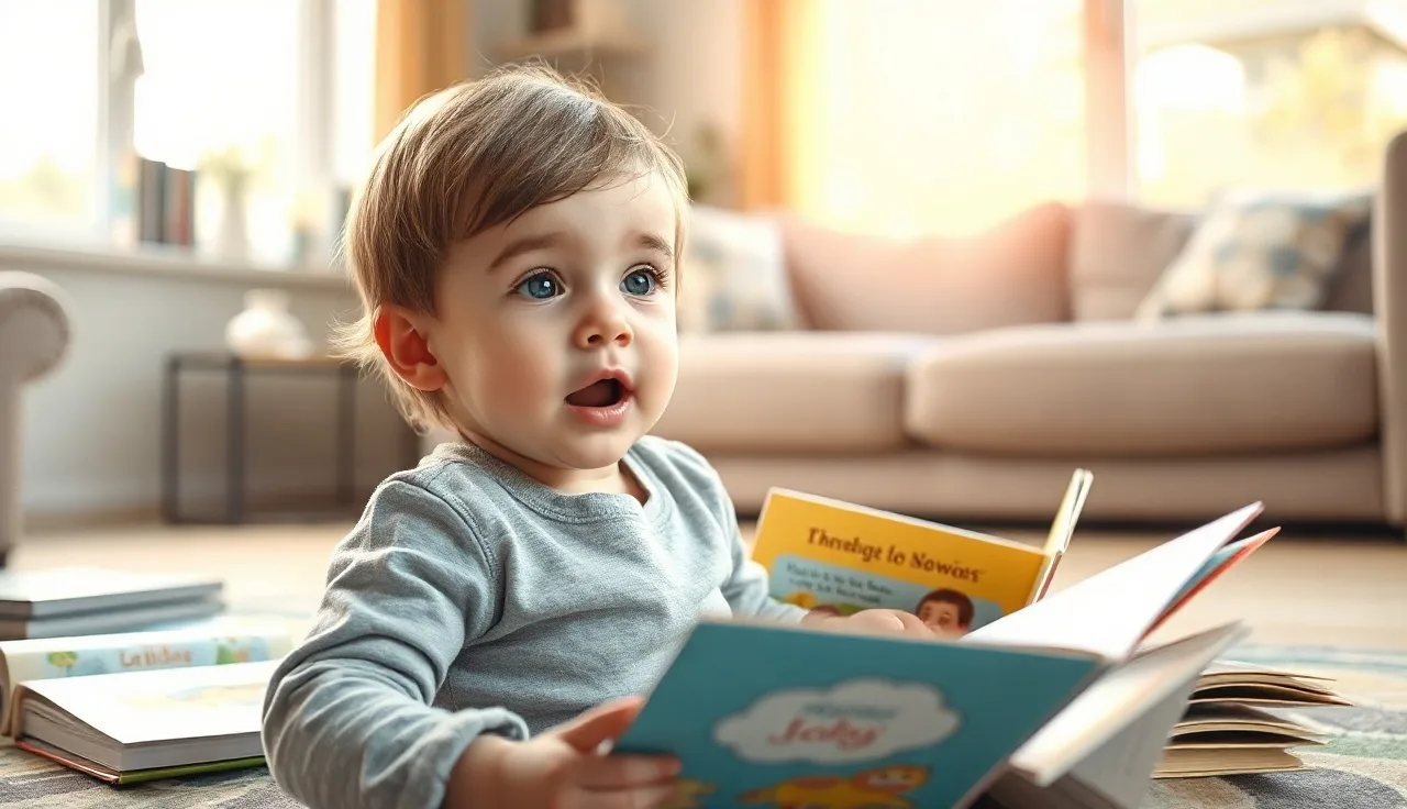 Young child speaking expressively on living room floor surrounded by picture books