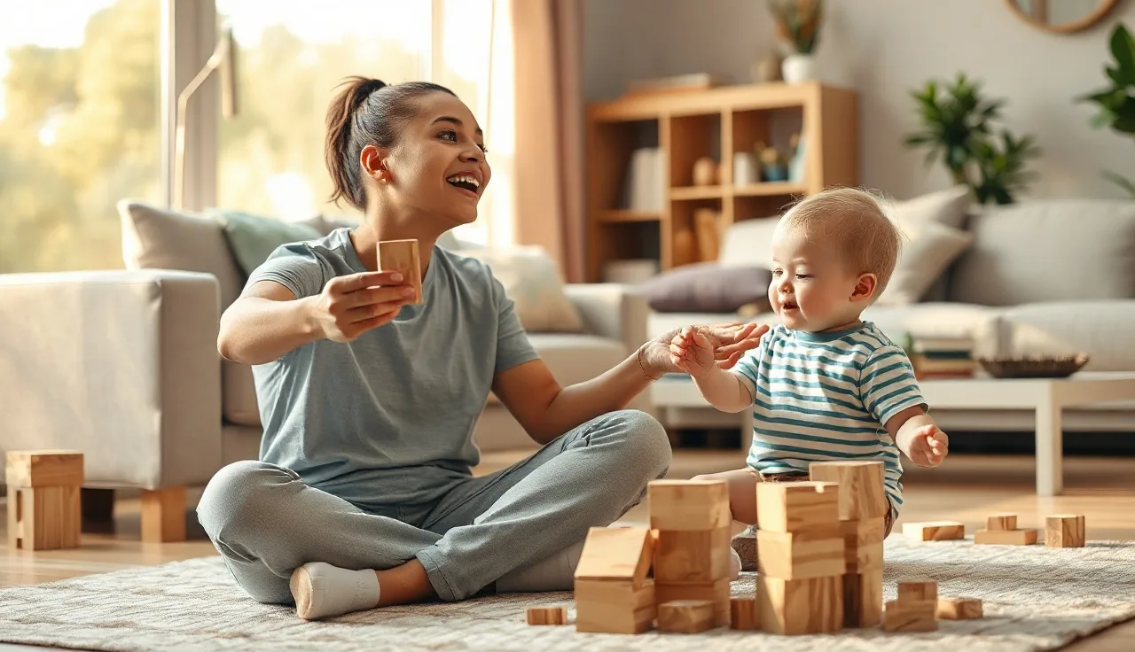 Parent and toddler playing with wooden blocks during a home speech modeling session
