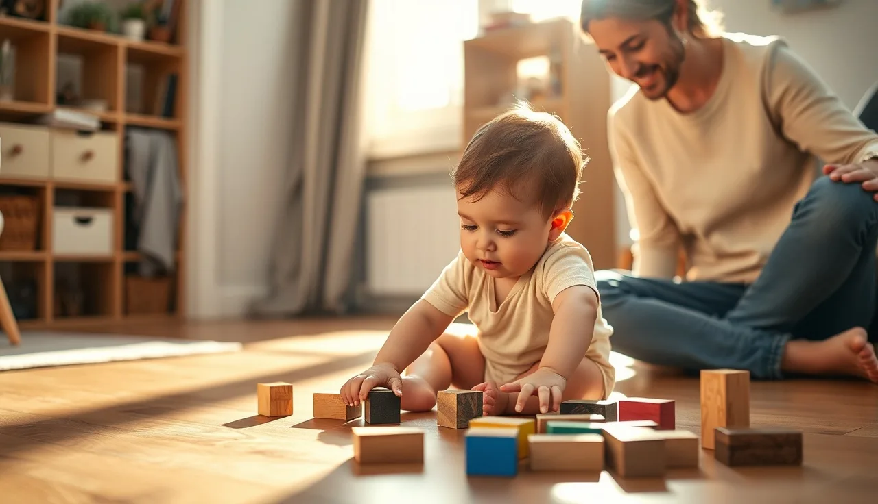 Toddler playing with wooden blocks while parent observes nearby, speech delay context