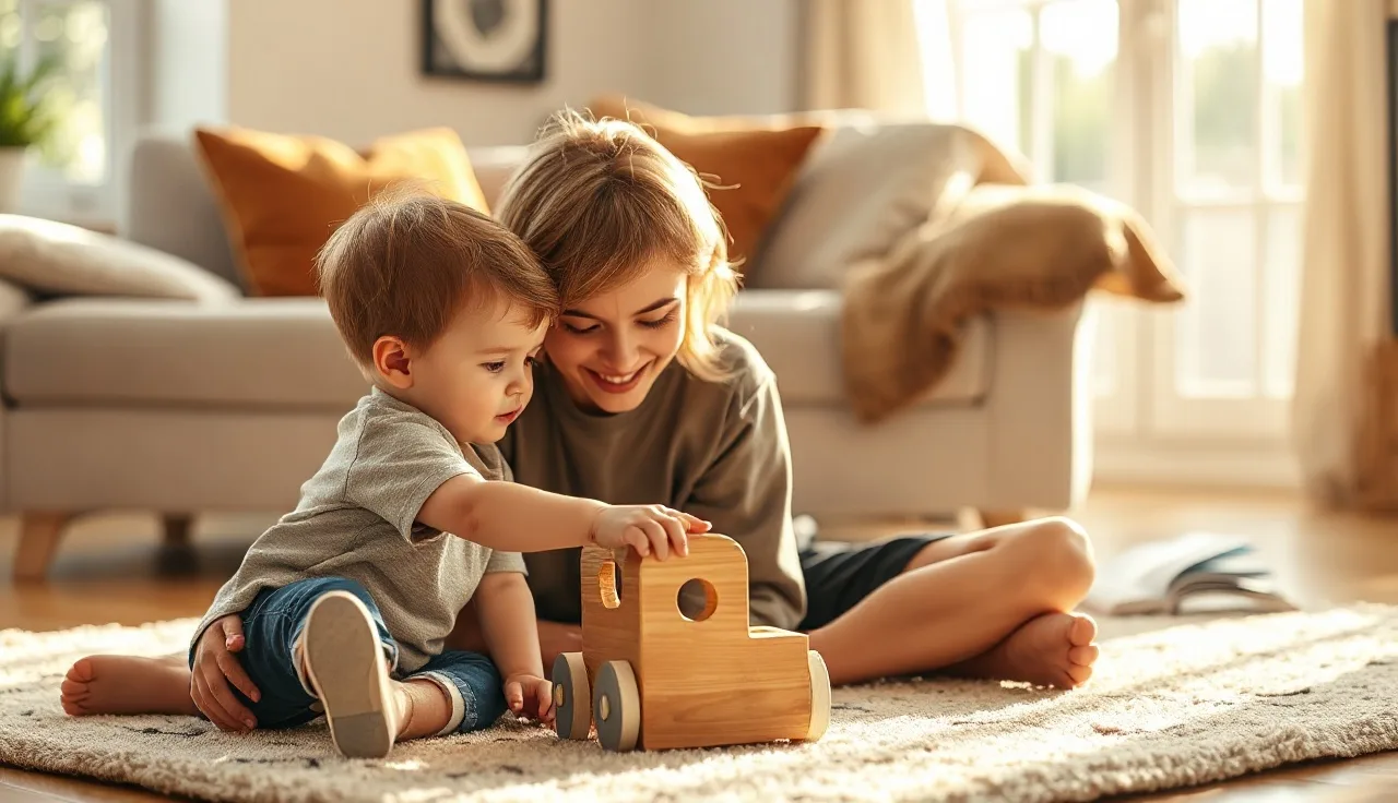 Toddler and parent playing on a rug, child with a speech delay exploring a wooden toy