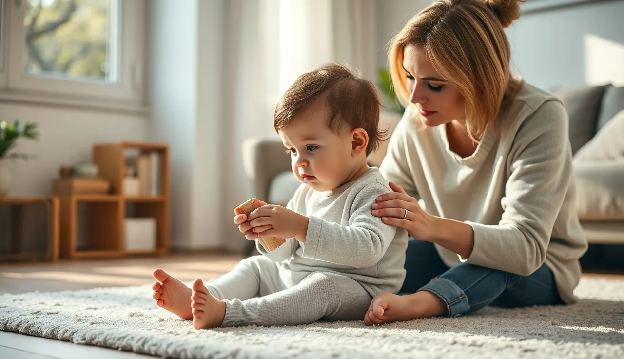 Parent and toddler playing together on a rug, practicing speech through play