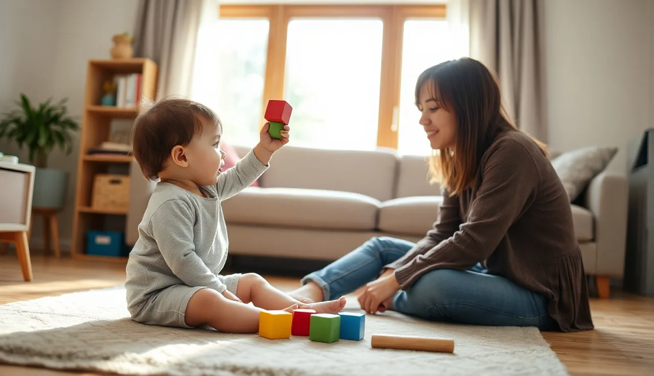 Toddler and parent on floor making eye contact over a wooden toy block