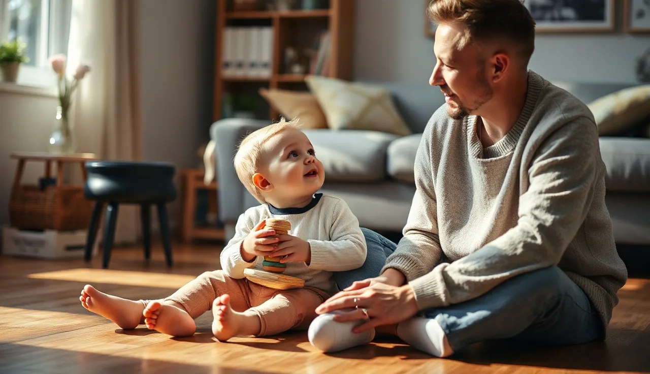 Toddler and parent on floor together, speech development moment at home