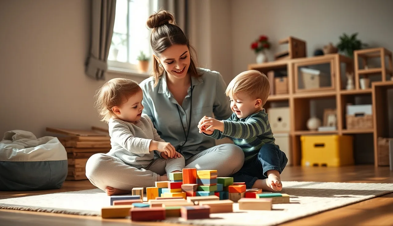 Speech therapist and toddler playing with blocks during a speech therapy session
