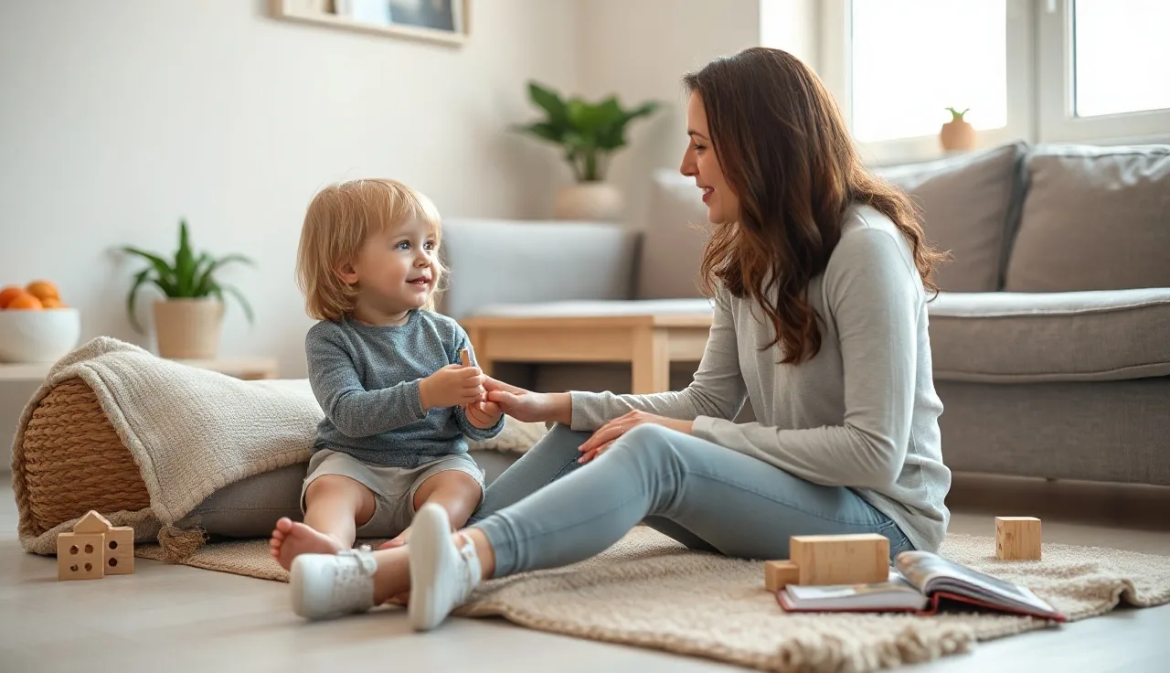 Toddler and parent talking together on a living room rug, delayed speech concept