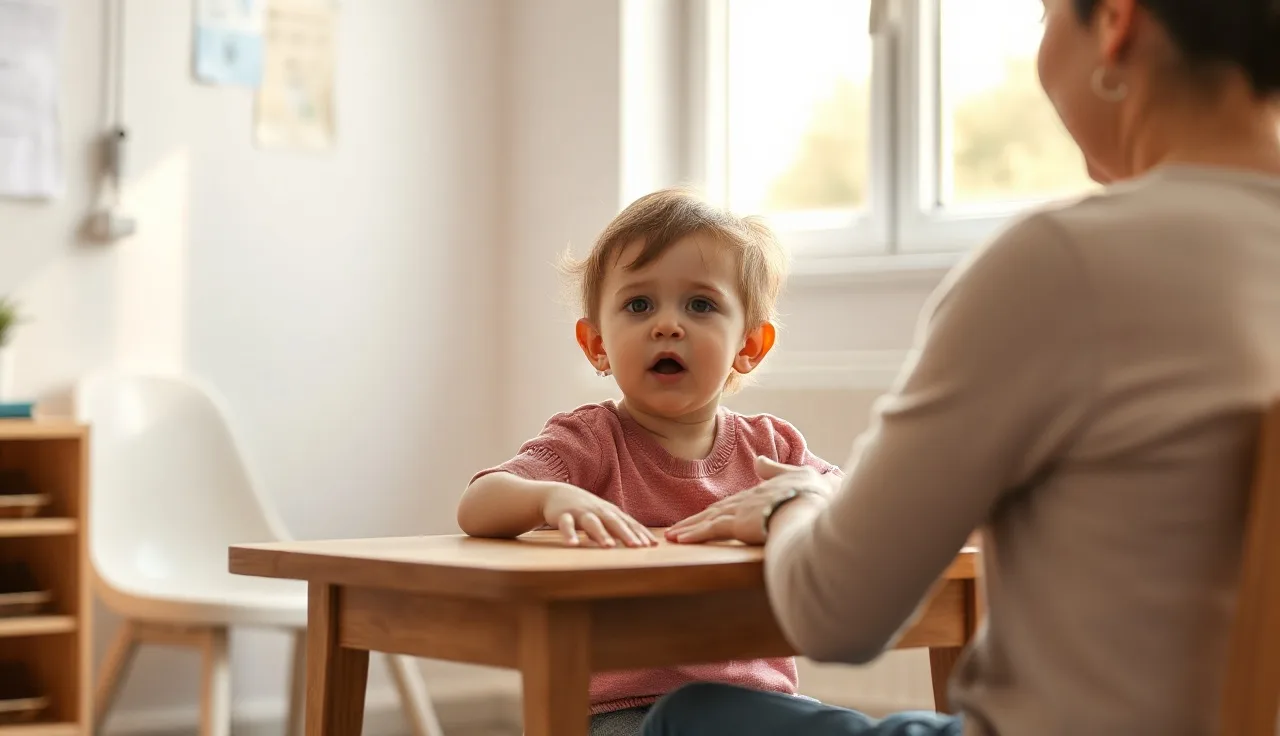 Young child practicing speech sounds with a therapist in a sunlit room