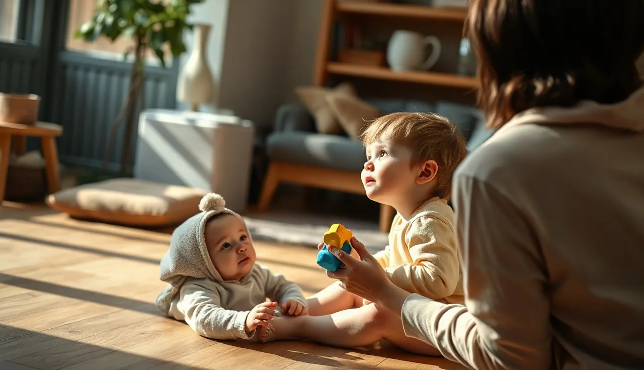 Parent and toddler doing speech play on living room floor in warm light