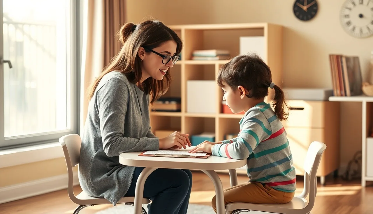 Speech therapist and young child sitting together during a speech evaluation session