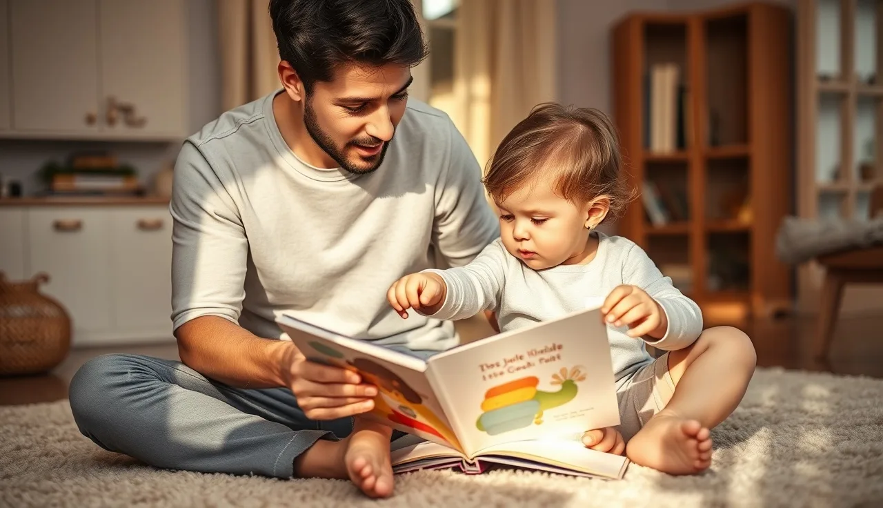 Parent and toddler pointing at colorful board book pages together on a rug