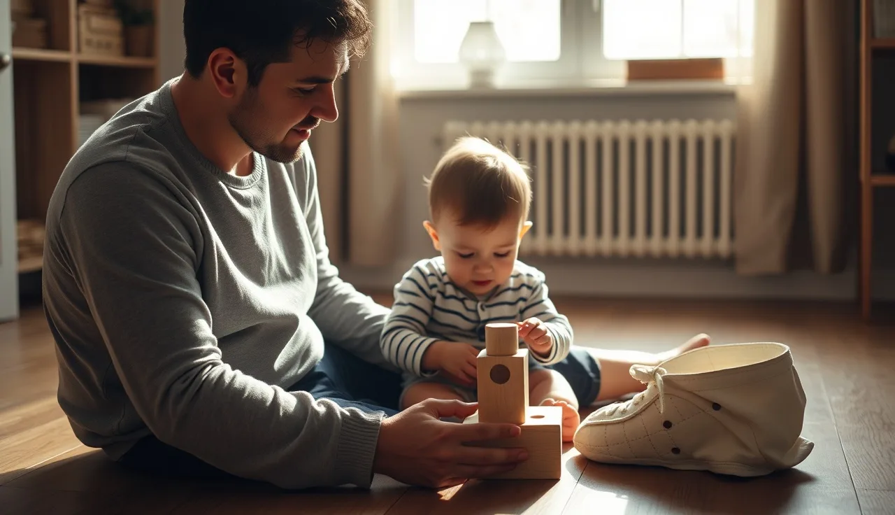 Parent and toddler sitting on floor together playing with a wooden toy