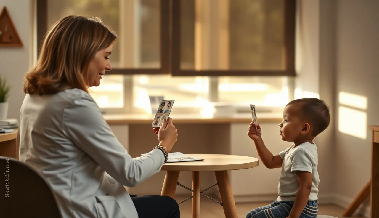 Speech therapist showing picture cards to a young child during a motor speech evaluation