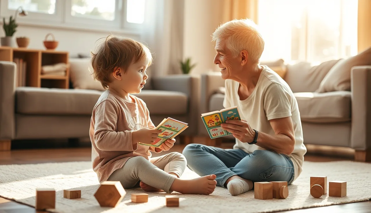 Parent and young child practicing communication with picture cards on living room floor