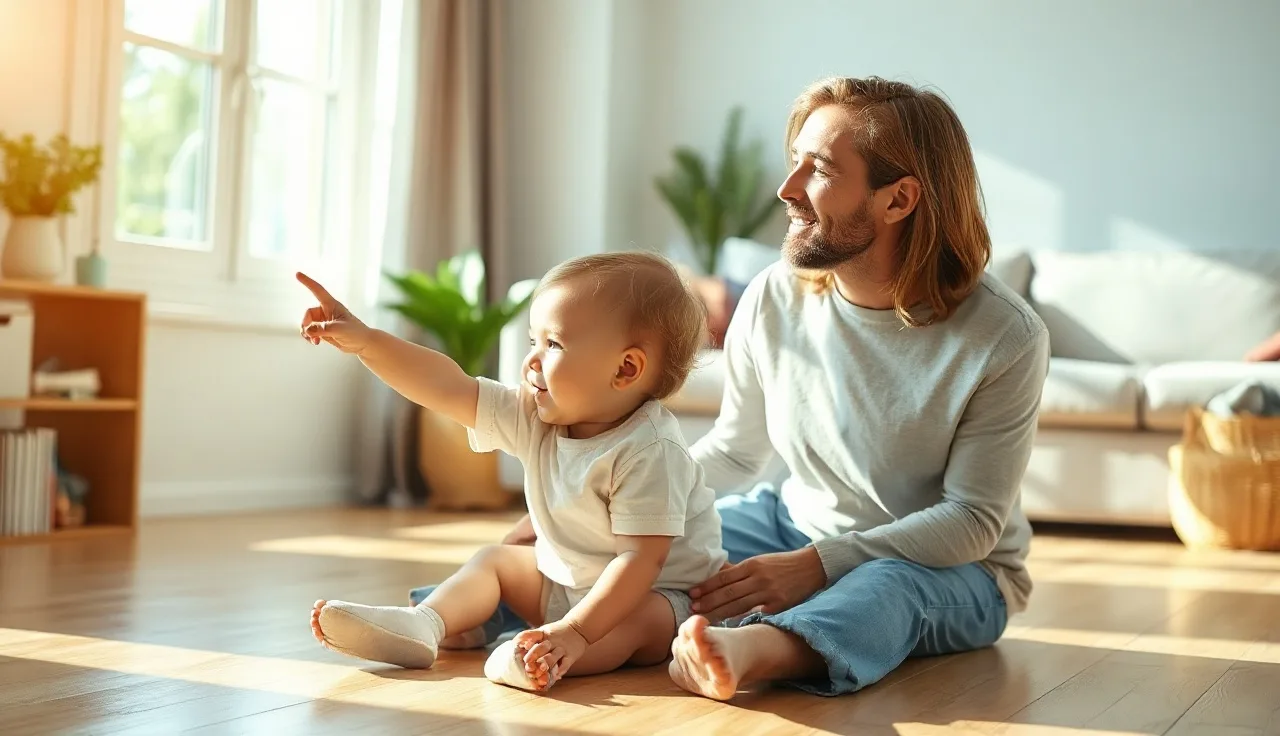 Toddler pointing at window while parent follows gaze during play at home