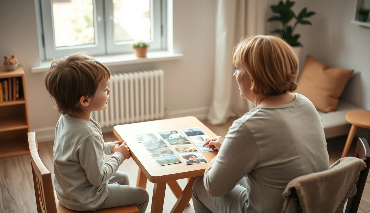 Child and speech therapist working with picture cards during a therapy session
