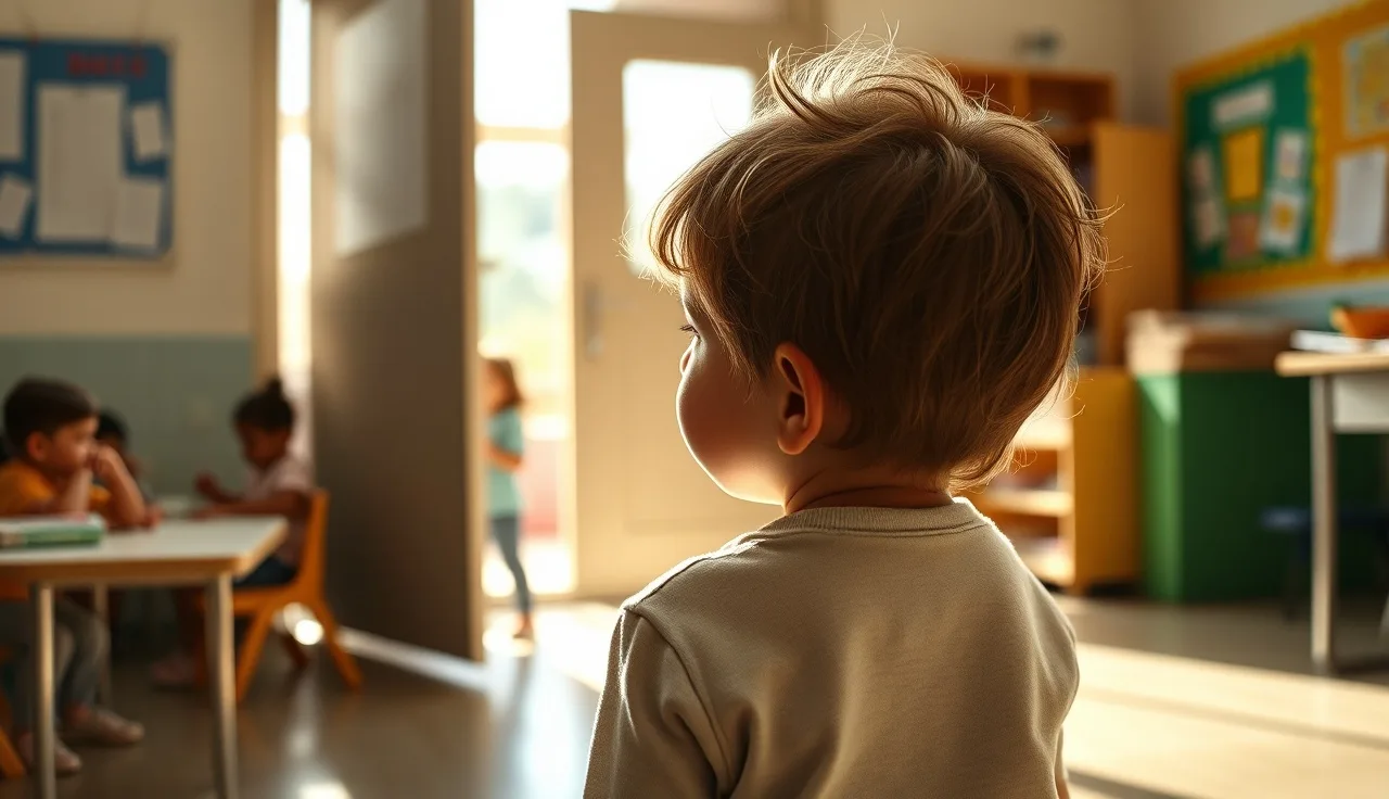 Young child standing hesitantly at a sunlit classroom doorway while peers play inside