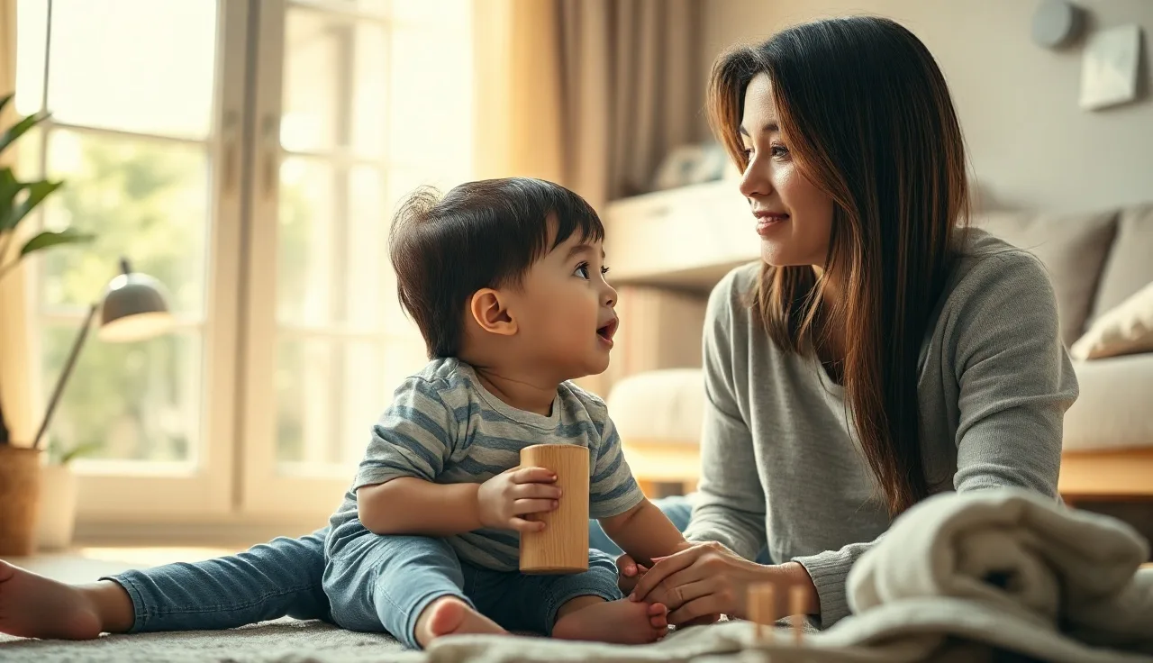 Toddler and parent making eye contact during play on a living room floor