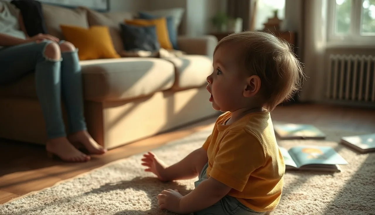 Young child speaking expressively on a rug at home, warm afternoon light