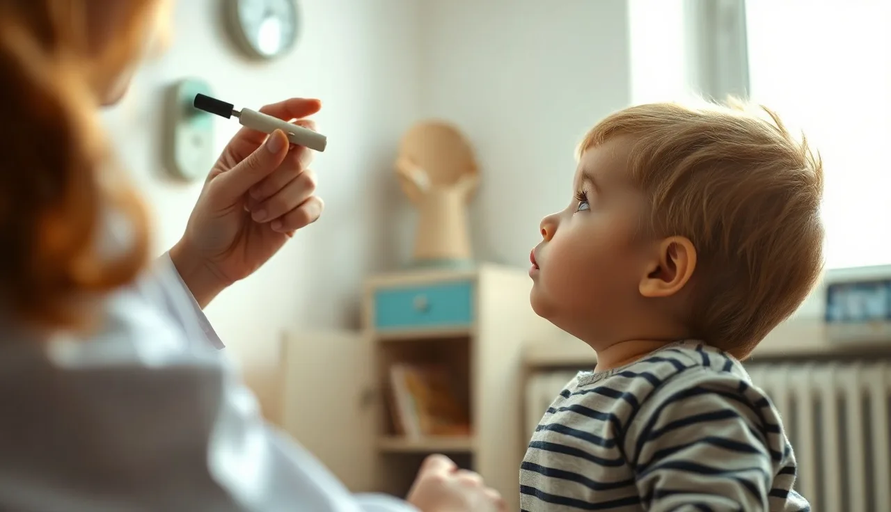 Clinician examining a toddler's ear during a pediatric checkup visit