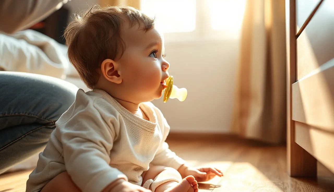 Toddler on a wooden floor next to a pacifier, mouth open as if speaking