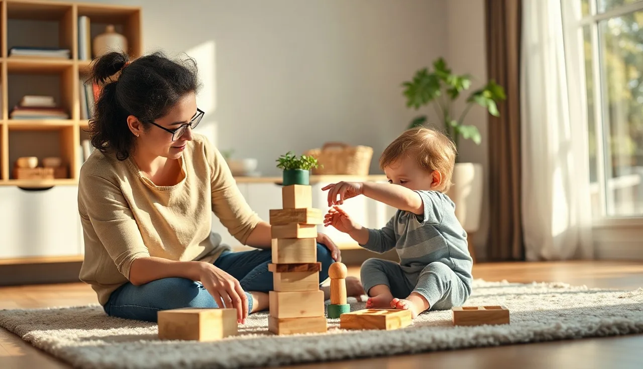 Parent and toddler practicing communication through play on a living room rug