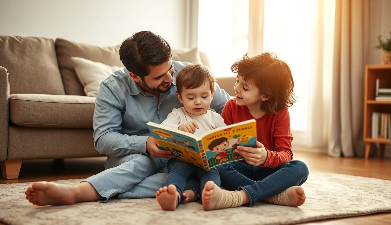 Toddler and parent reading a picture book together on a living room floor