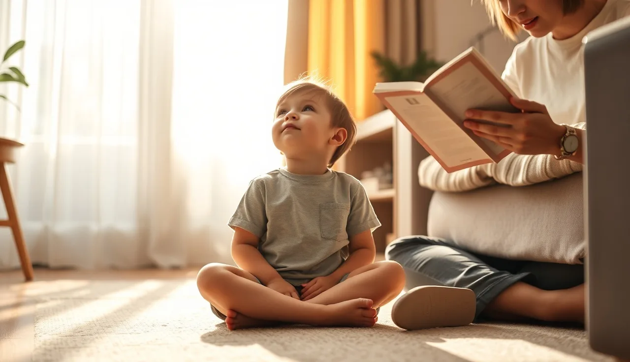 Young child listening attentively to a parent reading aloud in a sunlit living room