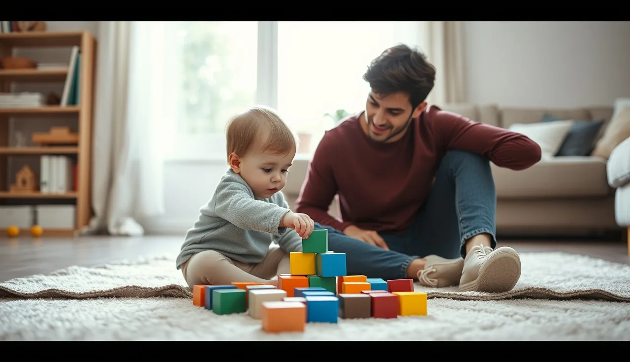 Toddler and parent playing with wooden blocks during speech development activity