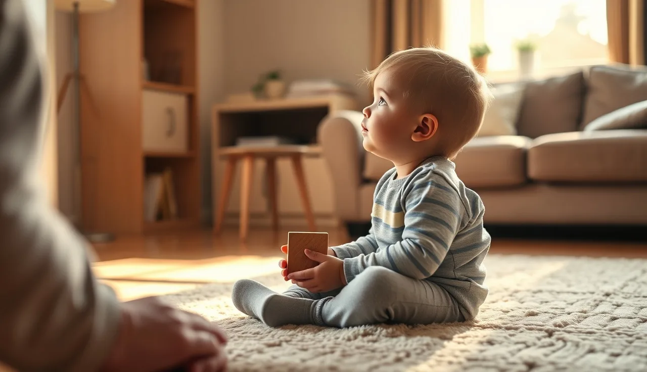 Young child on a rug holding a toy block during a speech interaction at home