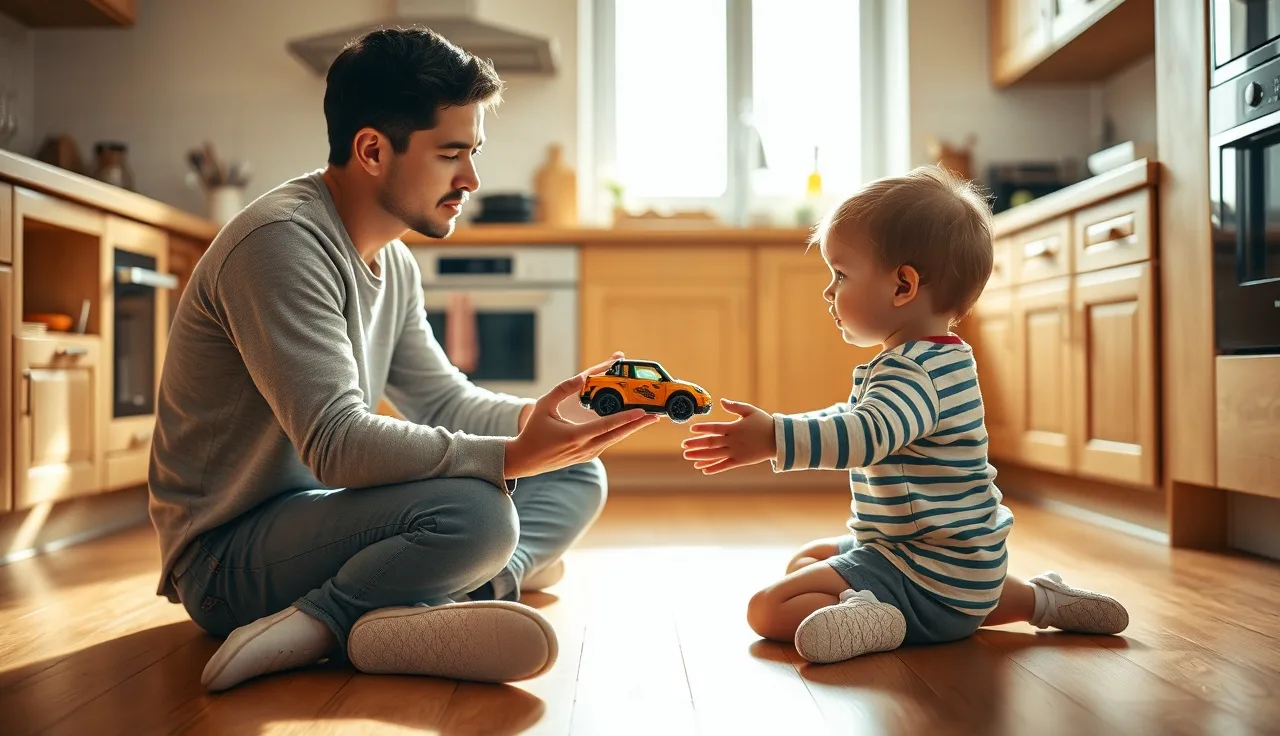 Parent and toddler on kitchen floor practicing speech during toy play