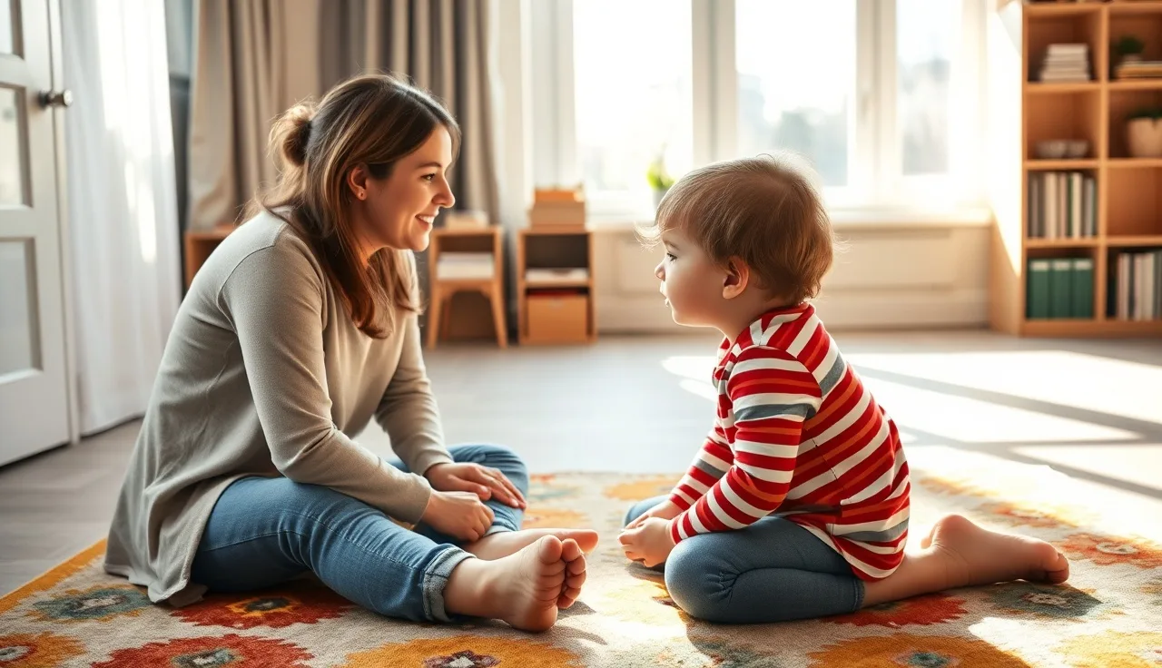 Young child with Down syndrome and therapist communicating during speech therapy session