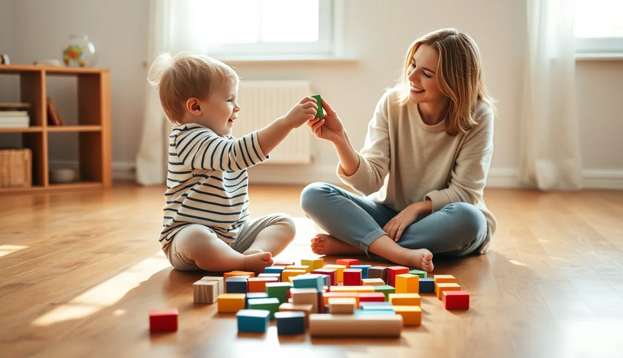 Toddler and adult playing with wooden blocks during early speech session at home