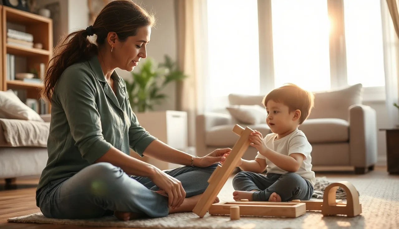 Speech therapist and toddler playing with wooden toy during early intervention home visit