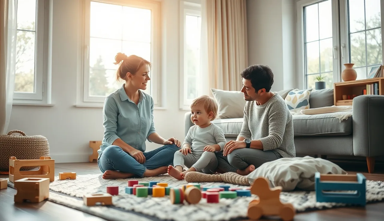 Speech therapist playing with a toddler on a living room rug during a home evaluation visit