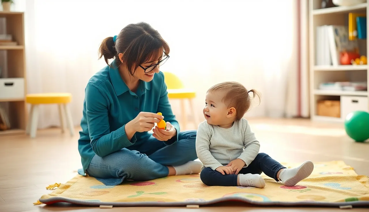 Young child and therapist doing early autism intervention on a play mat
