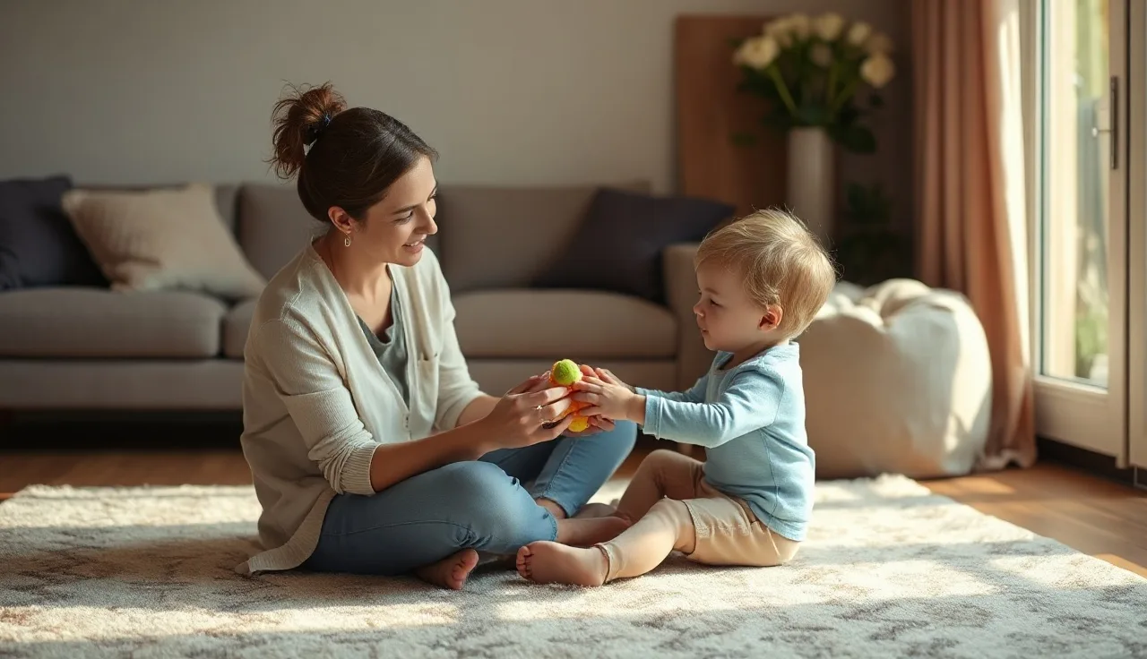 Speech therapist and toddler playing together on a living room rug during early intervention session