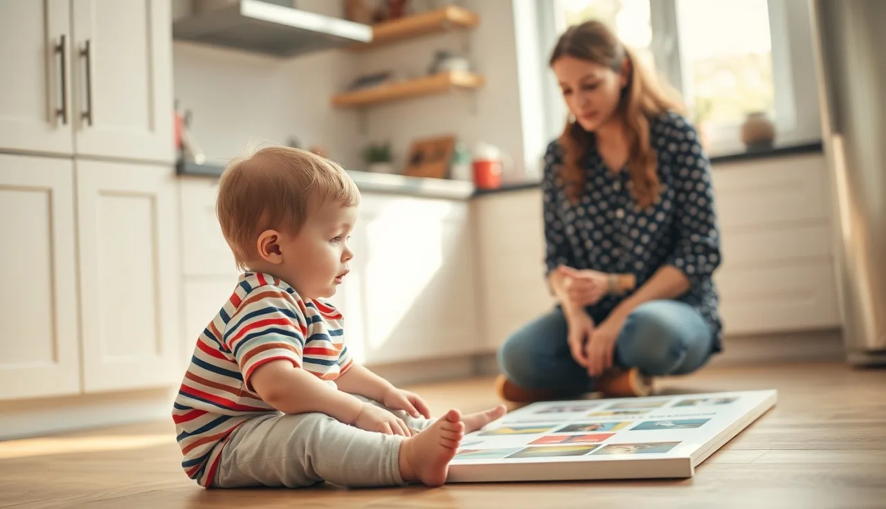 Toddler with Down syndrome and speech therapist working with picture board at home