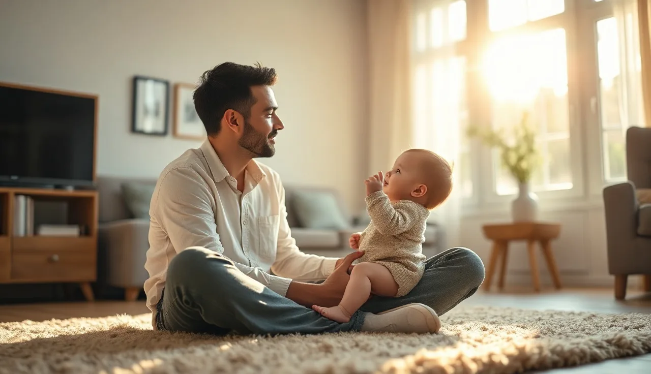 Parent holding premature baby face-to-face in warm home light during developmental play